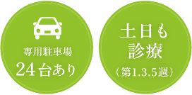 専用駐車場24台あり 土日も診療（第1.3.5週）